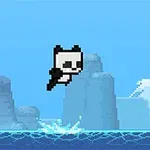Un panda pixelado saltando sobre el agua con un fondo de montañas azules y cielo claro