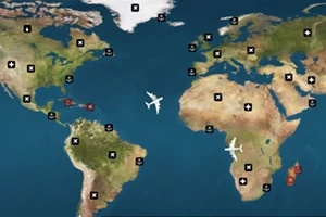 Mapa mundial con íconos de aviones blancos y cruces negras sobre varios continentes