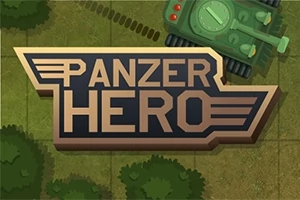 Texto Panzer Hero sobre un fondo de terreno verde con un tanque en la esquina superior derecha