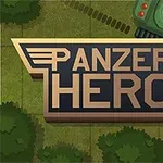 Texto Panzer Hero sobre un fondo de terreno verde con un tanque en la esquina superior derecha
