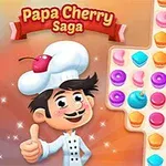 Chef caricaturesco sonriente con sombrero y cereza en una esquina con una cuadrícula colorida de dulces a la derecha