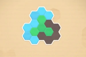Grupo de hexágonos interconectados en tonos azul, verde y negro sobre un fondo beige