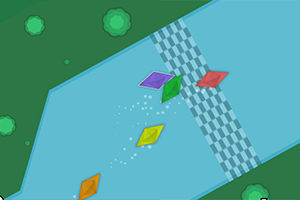 Cinco figuras de colores en forma de diamante navegando sobre un río junto a una línea de meta a cuadros, rodeadas de áreas verdes y árboles