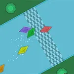 Cinco figuras de colores en forma de diamante navegando sobre un río junto a una línea de meta a cuadros, rodeadas de áreas verdes y árboles