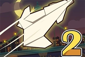 Avión de papel volando sobre una ciudad iluminada con el número dos en la esquina