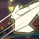 Avión de papel volando sobre una ciudad iluminada con el número dos en la esquina