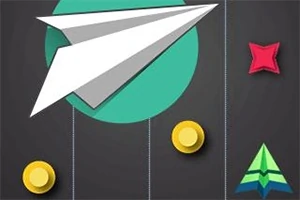 Un avión de papel sobre un fondo negro con un círculo verde, dos monedas doradas y una figura roja en forma de estrella junto a un triángulo verde y azul