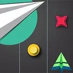 Un avión de papel sobre un fondo negro con un círculo verde, dos monedas doradas y una figura roja en forma de estrella junto a un triángulo verde y azul