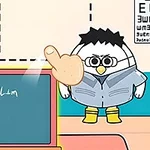 Personaje de estilo caricaturesco con abrigo frente a una pizarra con fórmulas matemáticas, dentro de un aula