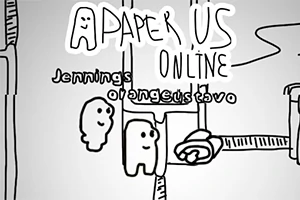 Dibujo en blanco y negro de dos personajes simples con ojos grandes flotando sobre sus nombres, con el título A Paper Us Online en la parte superior