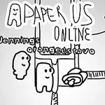 Dibujo en blanco y negro de dos personajes simples con ojos grandes flotando sobre sus nombres, con el título A Paper Us Online en la parte superior