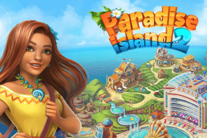 Paradise Island 2 Mujer sonriente con vestido amarillo frente a un colorido paisaje de isla con edificios y un parque acuático