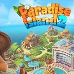 Paradise Island 2 Mujer sonriente con vestido amarillo frente a un colorido paisaje de isla con edificios y un parque acuático