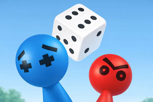 Dos figuras redondeadas azul y roja bajo un dado blanco flotante, sobre un fondo de cielo azul