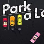 Vehículos de colores estacionados en un lote y un auto rosa en movimiento, con texto grande superpuesto