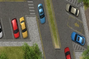 Estacionamiento desde arriba con varios coches de colores y un automóvil azul maniobrando
