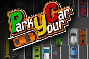 Título colorido que dice Park Your Car sobre una vista aérea de autos estacionados en un lote