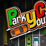 Título colorido que dice Park Your Car sobre una vista aérea de autos estacionados en un lote