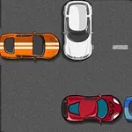 Vista aérea de una intersección con cinco autos de diferentes colores, incluyendo uno naranja y otro amarillo