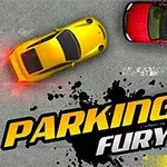 Coches coloridos en una intersección con texto estilizado que dice Parking Fury 2