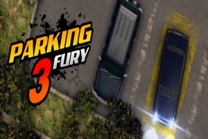 Dos coches estacionados en un estacionamiento, uno de ellos con luces encendidas y el nombre Parking Fury 3 en letras llamativas