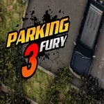 Dos coches estacionados en un estacionamiento, uno de ellos con luces encendidas y el nombre Parking Fury 3 en letras llamativas
