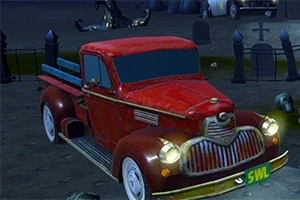 Camioneta roja antigua estacionada en un cementerio durante la noche, rodeada de lápidas y calaveras
