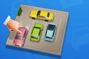 Estacionamiento con cuatro coches de colores y una mano señalando un coche rosa