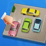 Estacionamiento con cuatro coches de colores y una mano señalando un coche rosa