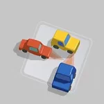 Tres autos de juguete de colores rojo, amarillo y azul dispuestos en un área delimitada