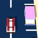 Coche rojo con rayas blancas en una carretera azul junto a una camioneta rosa y una señal de prohibición
