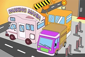 Dibujo de una caravana, un autobús y una camioneta colorida estacionados en un lote cercano a una barrera con un letrero que dice Parking Mania