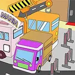 Dibujo de una caravana, un autobús y una camioneta colorida estacionados en un lote cercano a una barrera con un letrero que dice Parking Mania