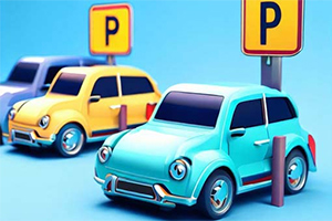 Carros de colores azul y amarillo están estacionados bajo señales de estacionamiento en un fondo azul claro
