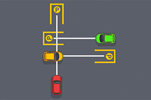 Tres autos de colores rojo, amarillo y verde están alineados frente a espacios de estacionamiento marcados con la letra P sobre un fondo gris
