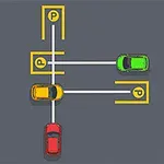 Tres autos de colores rojo, amarillo y verde están alineados frente a espacios de estacionamiento marcados con la letra P sobre un fondo gris