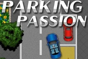 Dos coches, uno azul y otro rojo, estacionados en un área pavimentada con líneas blancas y un letrero de PARKING PASSION en la parte superior