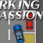 Dos coches, uno azul y otro rojo, estacionados en un área pavimentada con líneas blancas y un letrero de PARKING PASSION en la parte superior