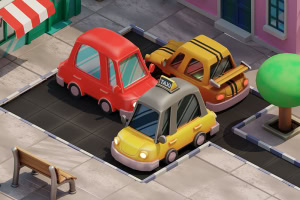 Tres autos coloridos, incluyendo un taxi amarillo, están estacionados en un área pequeña en una calle urbana con aceras y un árbol visible al fondo