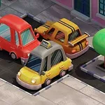 Tres autos coloridos, incluyendo un taxi amarillo, están estacionados en un área pequeña en una calle urbana con aceras y un árbol visible al fondo