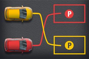 Dos autos, uno amarillo y otro rojo, conectados mediante líneas a cuadros de estacionamiento correspondientes, uno rojo y otro amarillo, en un fondo gris