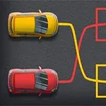 Dos autos, uno amarillo y otro rojo, conectados mediante líneas a cuadros de estacionamiento correspondientes, uno rojo y otro amarillo, en un fondo gris