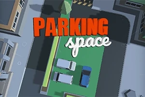 Vista aérea de un estacionamiento con tres autos y edificios alrededor, con las palabras Parking Space en el centro