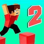 Personaje de estilo pixelado en camiseta roja saltando sobre bloques rojos, con el número dos en el fondo