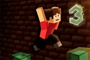 Personaje de estilo pixelado saltando sobre plataformas verdes con un número 3 luminoso al lado