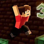 Personaje de estilo pixelado saltando sobre plataformas verdes con un número 3 luminoso al lado