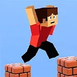Un personaje con un estilo pixelado y bloqueado saltando entre dos columnas de ladrillos rojos sobre un fondo azul