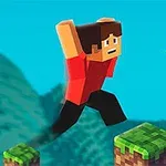 Personaje pixelado con camiseta roja saltando entre plataformas de césped, con el número cuatro en la esquina