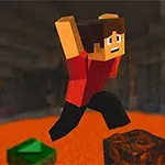 Personaje de estilo pixelado saltando sobre bloques en un entorno de lava con el número cinco en la esquina superior derecha