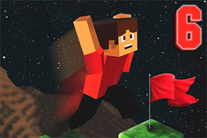 Personaje con apariencia cúbica en camiseta roja salta hacia una bandera roja, con un paisaje estrellado de fondo y el número 6 en la esquina superior derecha